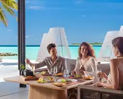 Luxurious overwater bungalows at a Maldives resort with crystal clear blue waters and palm trees.